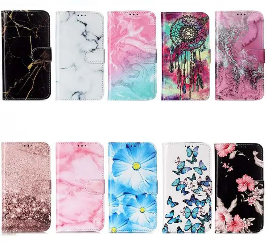 iPhone 15の豪華な大理石の革張りの財布ケースプラス14 Pro Max 13 12 11 X XS XR 8 7 6 DreamCatcher Flower Rock Butterfly Holder Flip Cover Animal Card Slot Holder Pouch