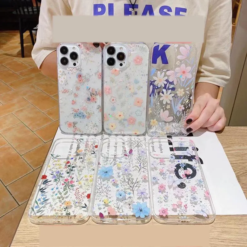 Fashion Flower Clear Falls för iPhone 15 14 13 Pro Max 12 11 X Xs Max XR 8 7 Plus Samsung A51 A71 A21S Soft TPU Foil Floral Transparent Luxury Telefon Back Cover Hud