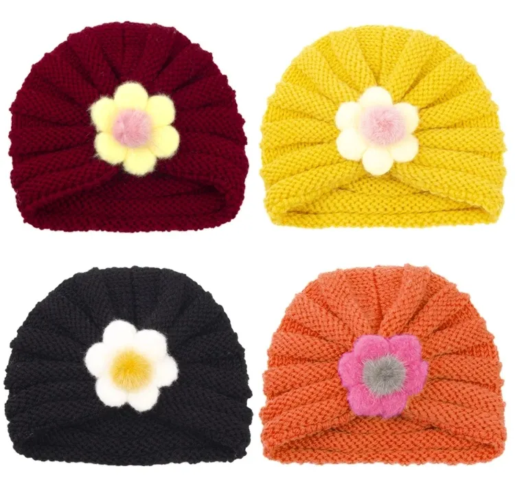 0-3T Woolen Knitted Warm Hat for Newborn Infant Turban Crochet Knit Cute Beanie Flower Hat Baby Toddlers Solid Pullover Cap