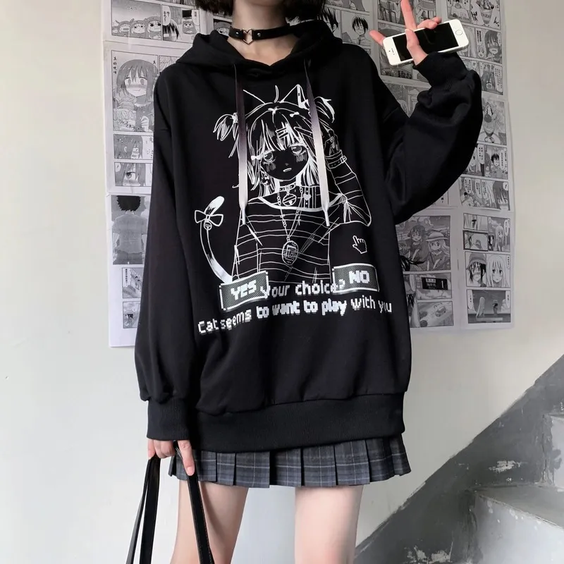 Sudaderas con capucha para mujer Deeptown Gothic Emo Anime Print White Hoodies Wome 220823