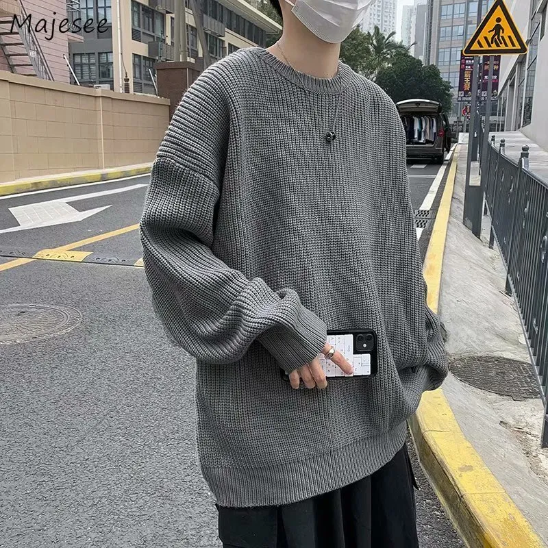 Mens Oversized Pullover Sweater Solid Color, Baggy Fit, Korean