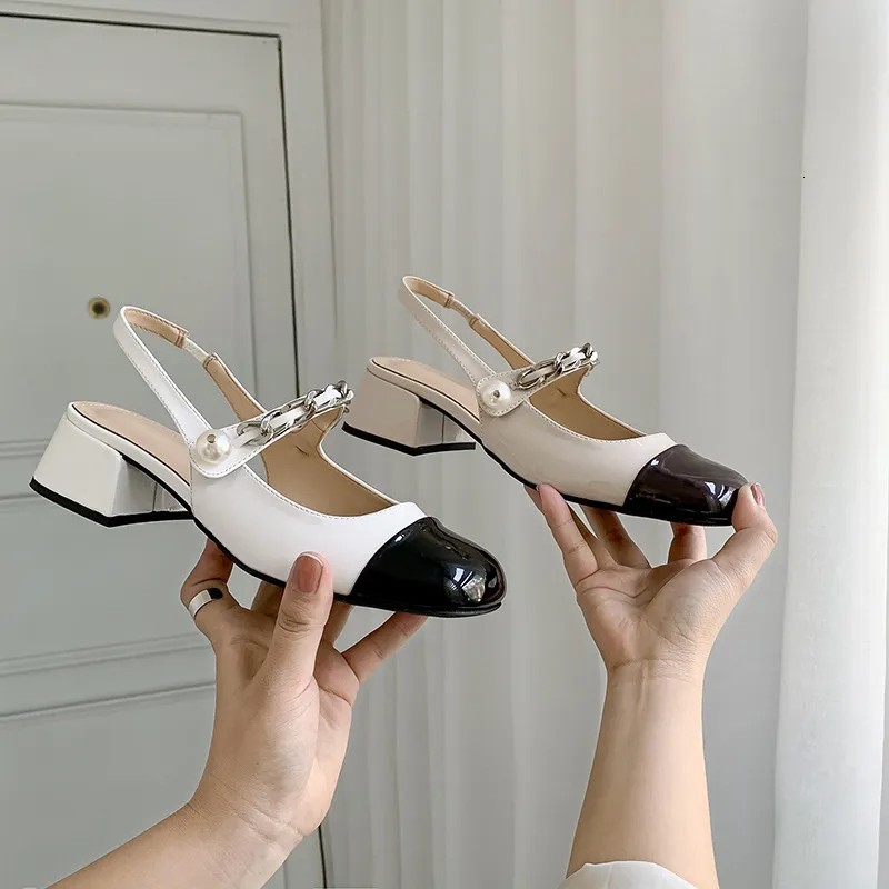 Miu Mary Jane Baotou Sandals Женские густой каблуки Жемчужные цвета контрастируют с пустыми туфлями средней летни