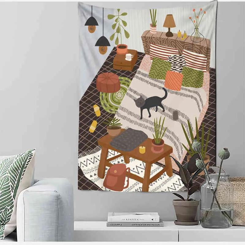 Boho Decoración Moda Animales Plantas Hojas Ilustración Tela de pared Lienzo Pintura Alfombra nórdica para sala de estar Tapiz J220804
