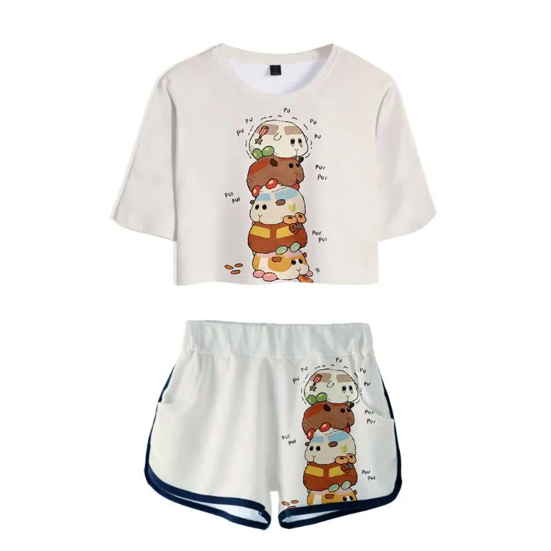 Camiseta para mujer, conjunto de dos piezas con estampado de Pui Molcar, Top corto de manga corta, pantalones cortos, conjunto de dibujos animados para niñas