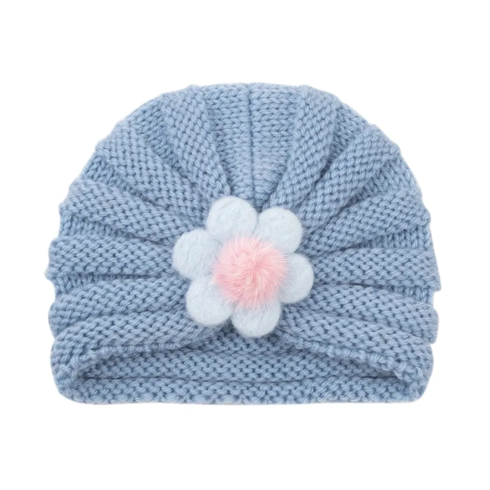 0-3T Woolen Knitted Warm Hat for Newborn Infant Turban Crochet Knit Cute Beanie Flower Hat Baby Toddlers Solid Pullover Cap