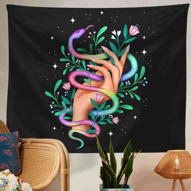 BOHO decoração em casa Snake Snake Tapestry Flor Hand Parede Rugs pendurados Abstract preto arremesso Blange J220804