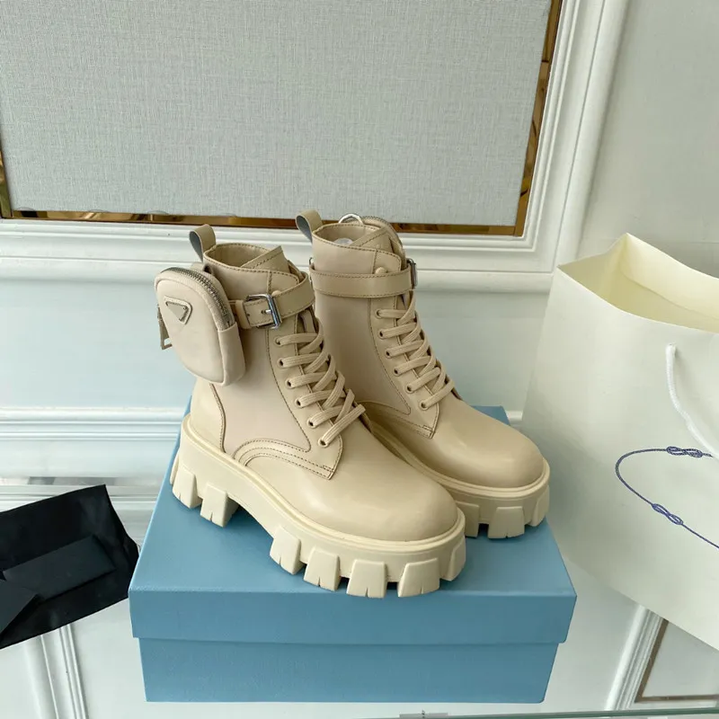 Ankle Boots Combat Boots Winter Boots Women `S Shoes Fashion Designer Plaque Lace Up Women `S Apricot Leather High Heel Platform