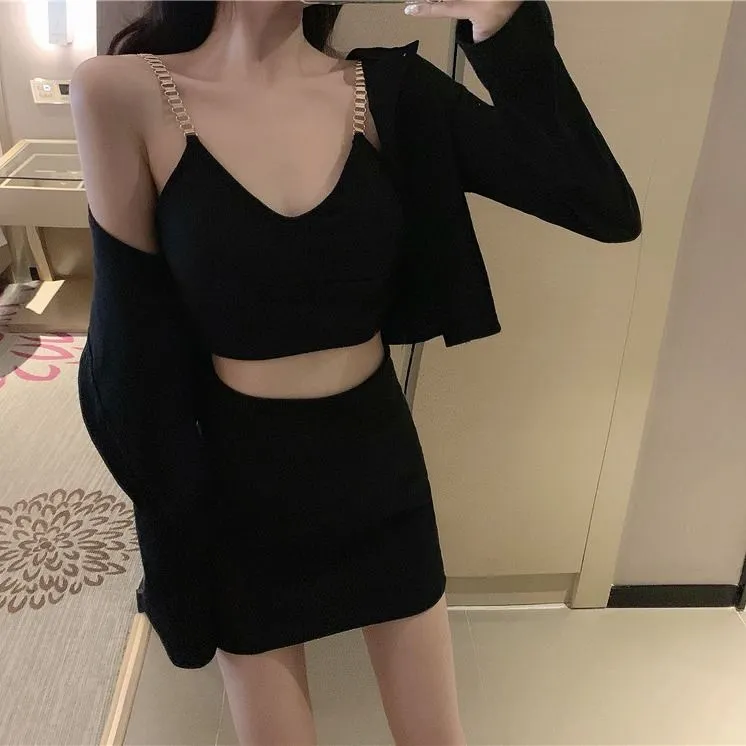 Work Dresses Korean Three-piece Women's Slim Short Coat Small Sling High Waist Half-length Bag Hip Skirt Suit Girls SuitWork