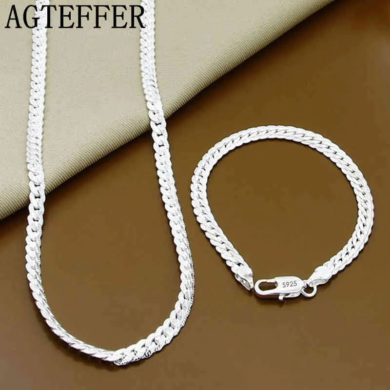 Agteffer S925 Sterling Silver 2 pezzi 5mm Bracciale con collana a catena laterale completa per donna Uomo Set di gioielli di moda Regalo di nozze