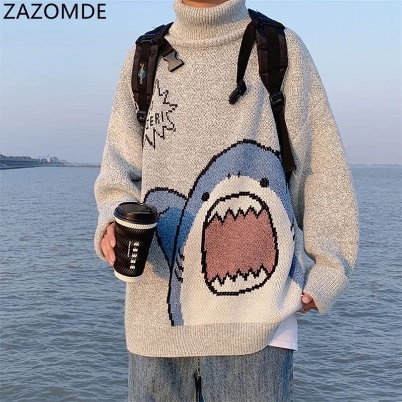 Mens Sweaters ZAZOMDE Men Turtlenecks Shark Sweater Men Winter Patchwor Harajuku Korean Style High Neck Oversized Grey Turtleneck For Men 220829