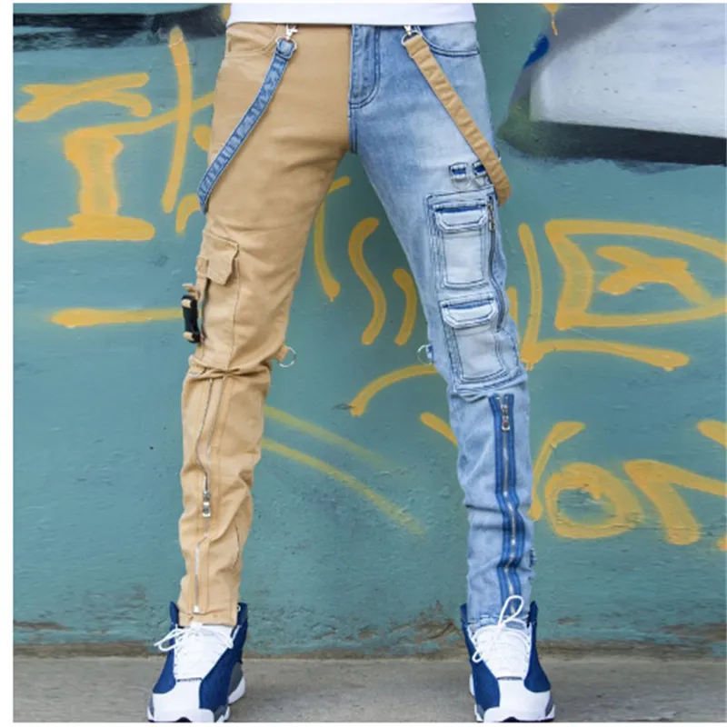 Jeans masculinos High Street Macacão reto masculino Hip-hop Amarelo Amarelo Jeans de jeans da moda MAIS Jean213o