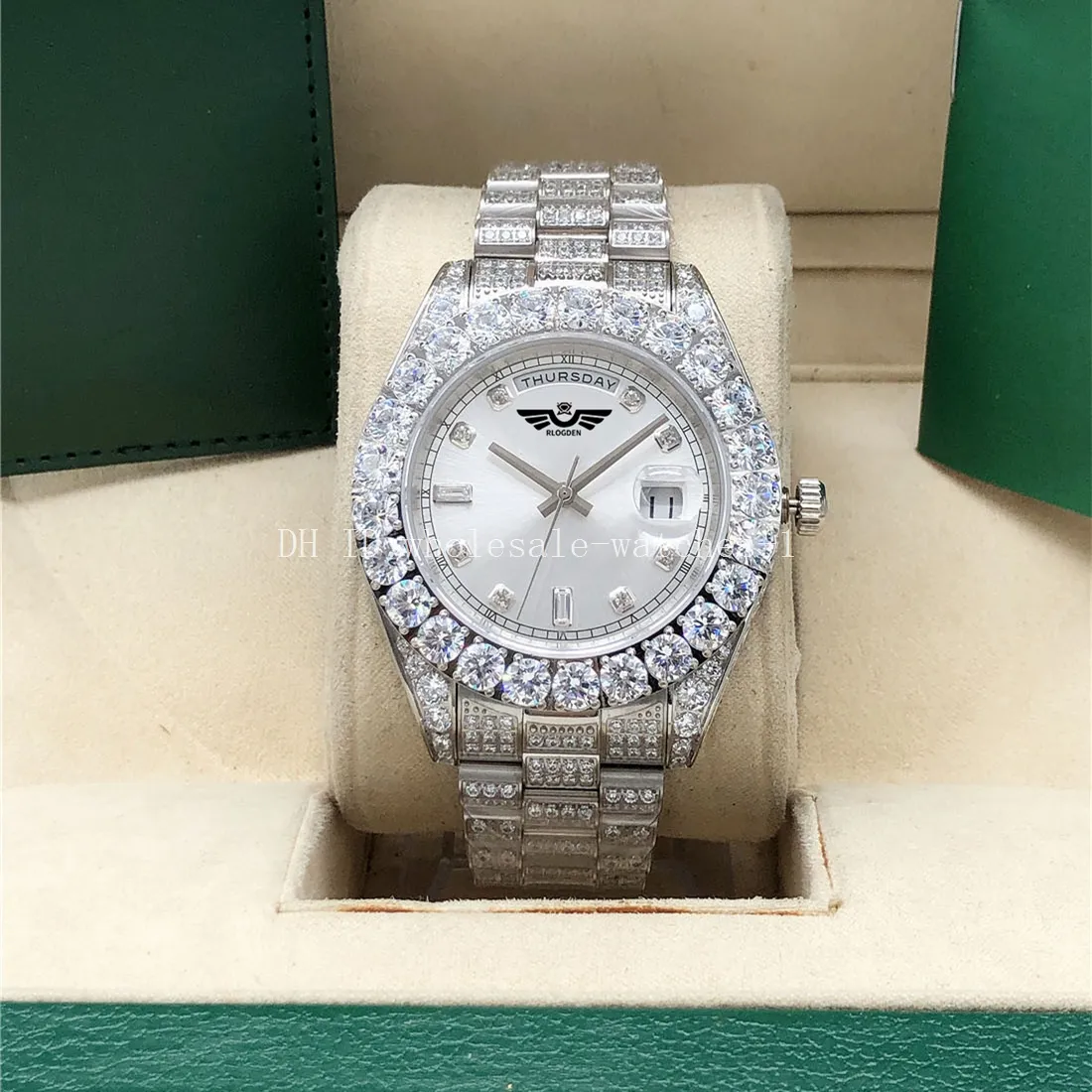 Full diamond Silver dial President Watch 128238 43mm 18k White Gold men Box