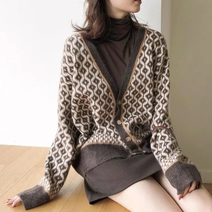 Autumn Winter Coat Sweater Leopard Print Women V-neck Long-sleeved Loose Knitted Cardigan