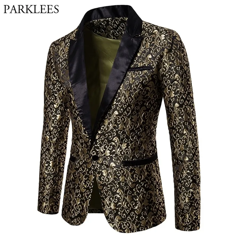 Or Jacquard bronzant Floral Blazer hommes marque hommes Patchwork un bouton veste fête scène chanteur Costume Homme 220822