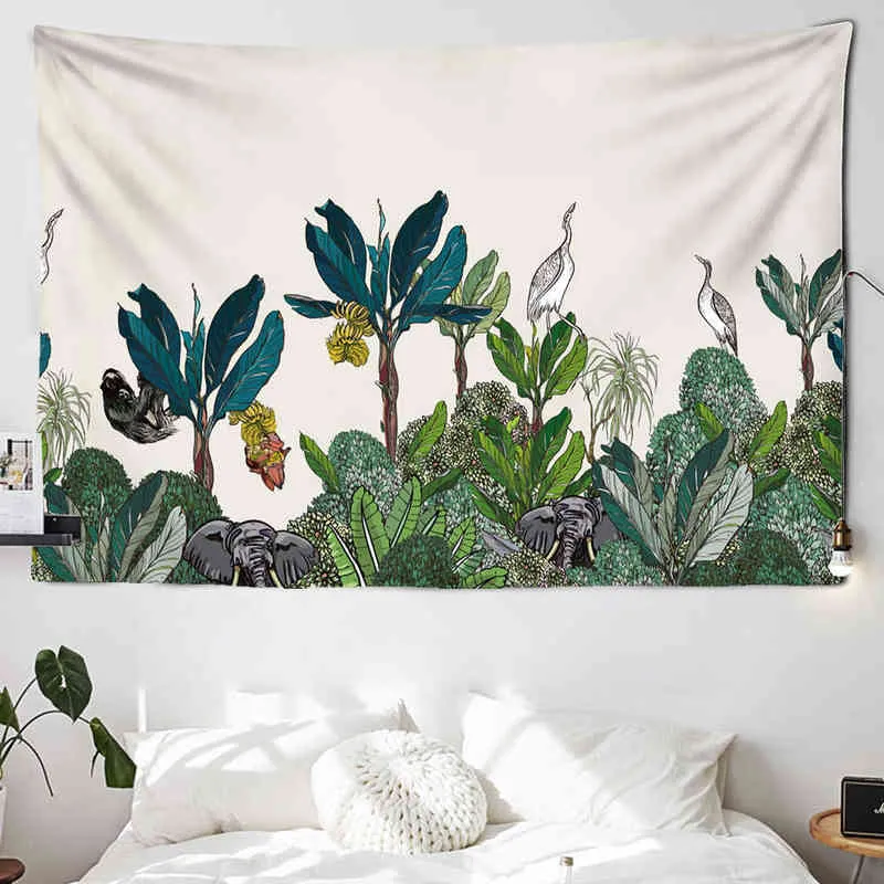 Tropical Jungle Animal Tapestry Retro Wall Covering Palm Tree Flower Pattern Background Cloth J220804