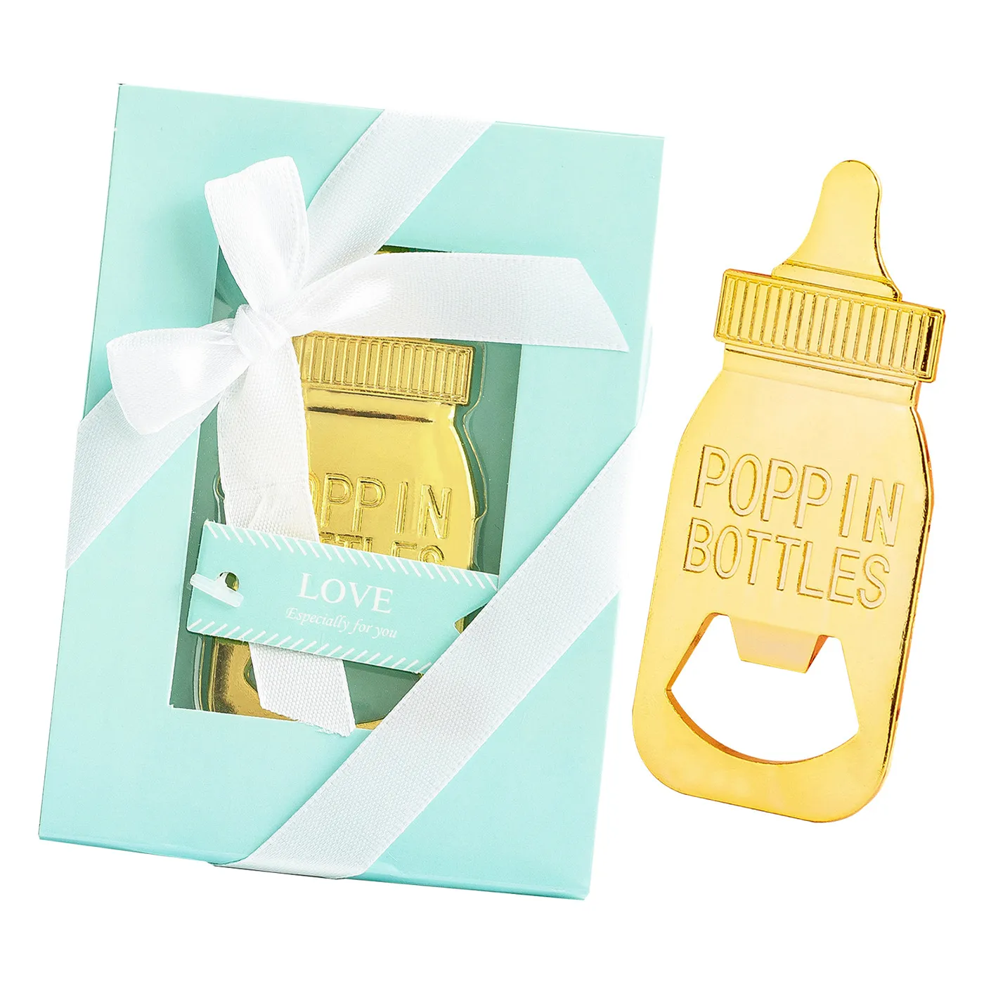 Bomboniere in oro a forma di biberon in confezione regalo Baby Shower Battesimo Compleanno