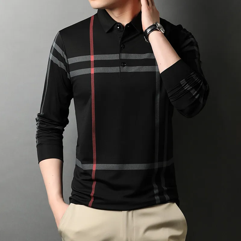 قميص بولو رجالي من Polos High End ذو علامة تجارية عصرية ذات علامة تجارية سوداء مخططة كورية عالية الجودة ملابس علوية بأكمام طويلة غير رسمية 220826