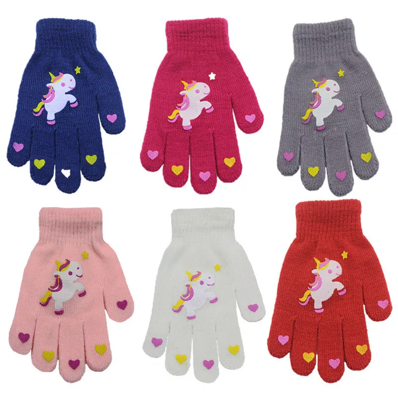 Fashion Kids Knits Luvas Cartoon Unicorn Car Carves Impresso para crian￧as meninos meninas quentes luvas para estudantes andando de malhas de malhas de dedos