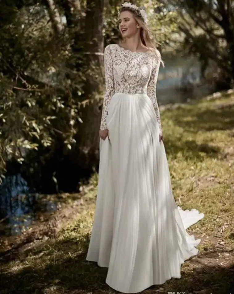 Boho Vintage Lace Top Long Sleeve Wedding Dresses 2022 With Long