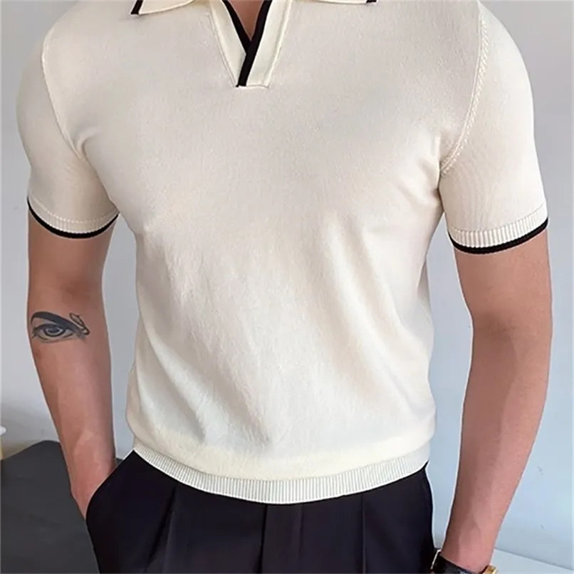 Erkek Polos Yaz Men Moda Polo Gömlek Kısa Kol Dönüşü Yatak Patchwork Sıradan Polos Mens Giyim Erkek Tepeleri Sokak Sokak Giyim 220826