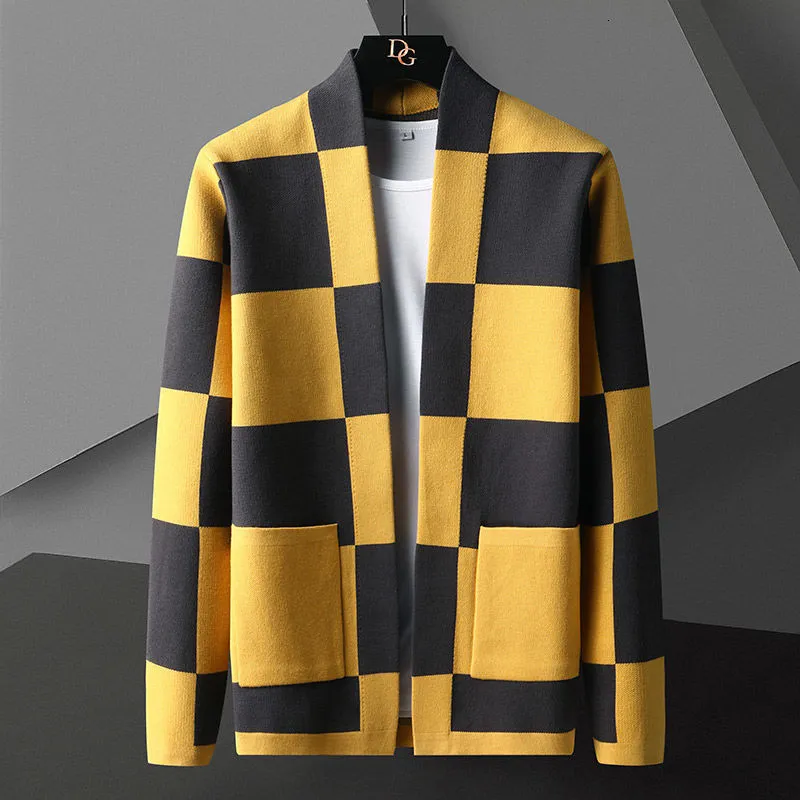 Chaquetas para hombres Estilo británico Otoño Punto Cardigan Suéter Tendencia Marca Moda Plaid Cardigan Abrigo Hombres Ocio Amarillo Azul Mens Suéteres 220826