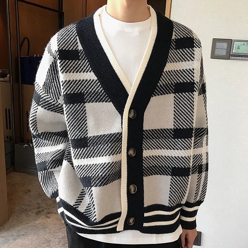 Men's Jackets Cardigan Men Spring Korean Style Simple Design Plaid Knitting Retro Casual Unisex Vneck Loose Vintage Quality Sweater Chandails LLL220826