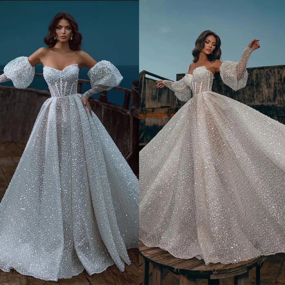 Paillettes scintillantes une ligne robe de mariée détachable gonflée à manches courtes robes de mariée Sexy Illusion poisson os robes de mariée formelle