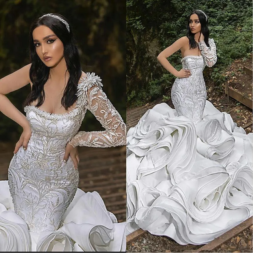 Robe de mariée sirène Vintage à volants en cascade, asymétrique épaule dénudée, manches longues, avec des Appliques en dentelle 3D