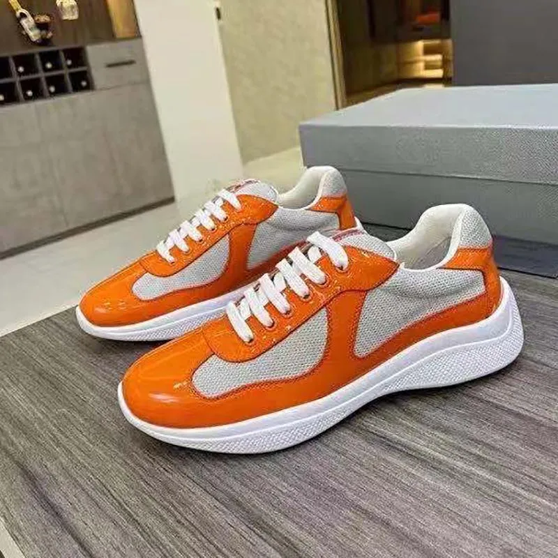 Men s Orange Patent Leather Sneakers Breathable Mesh Bike Fabric Lace Up Casual Trainers with Rubber Sole