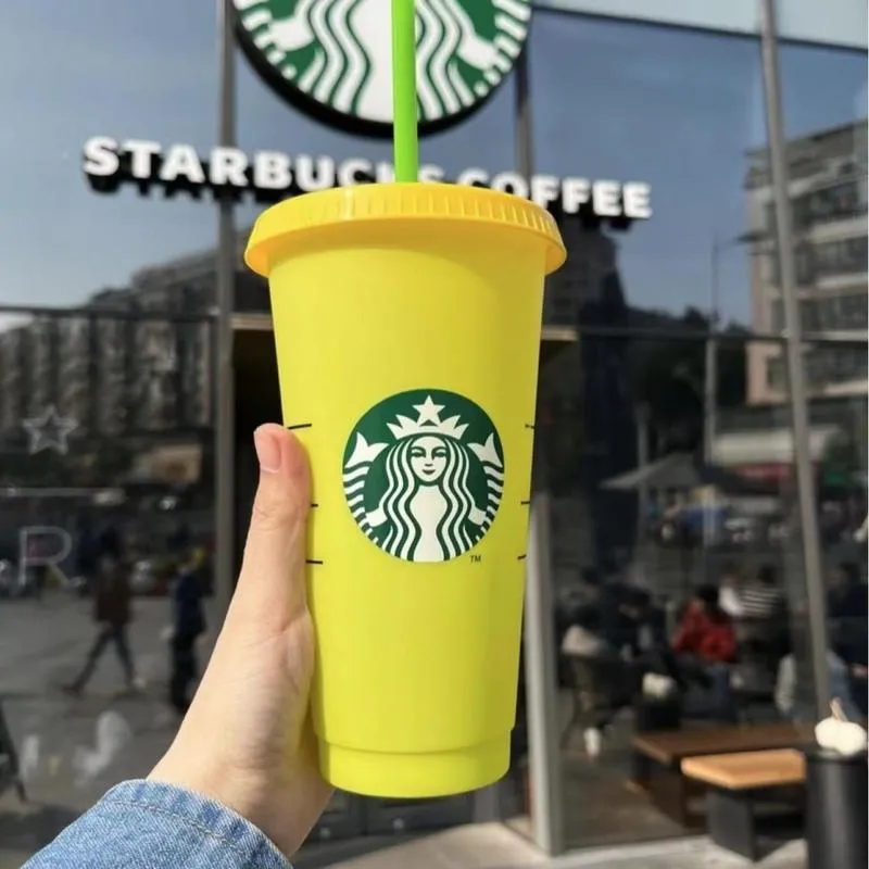 Starbucks färgbyte kopp vattenflaskor med lock och halmplast kopp återanvändbar fest dricka 710 ml