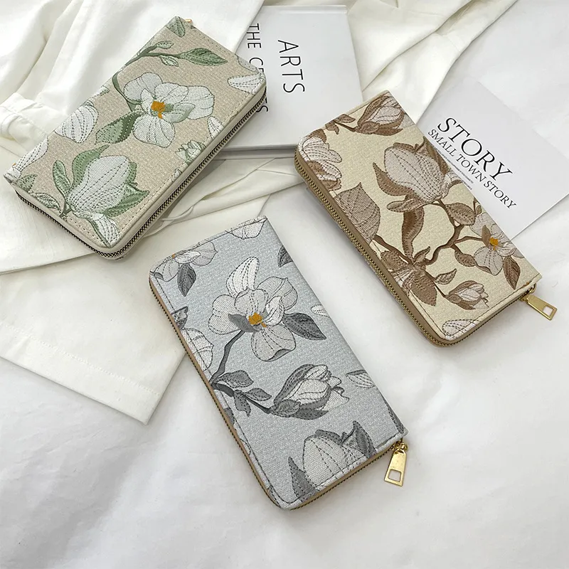 DHL50pcs Wallets Women PU Floral Embroidery Large Capacity Phone Long Credit Card Holder Mix Color