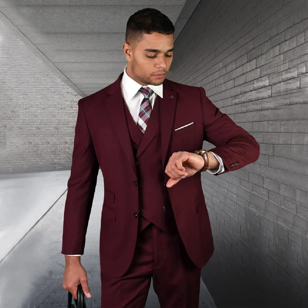 Burgundowe męskie garnitury Slim Fit Groomsmen Wedding Tuxedos Designer Notched Lapel Blazery długie rękawy Formalne garnitury z kamizelką kurtkami i spodniami