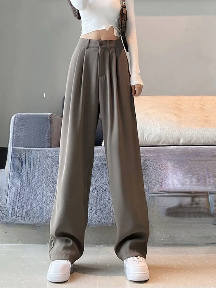 Khaki Suit Pants for Women Party Elegant Summer Thin Loose High Waisted Straight Stacked Pants Baggy Wide Leg Trousers LPLP220826