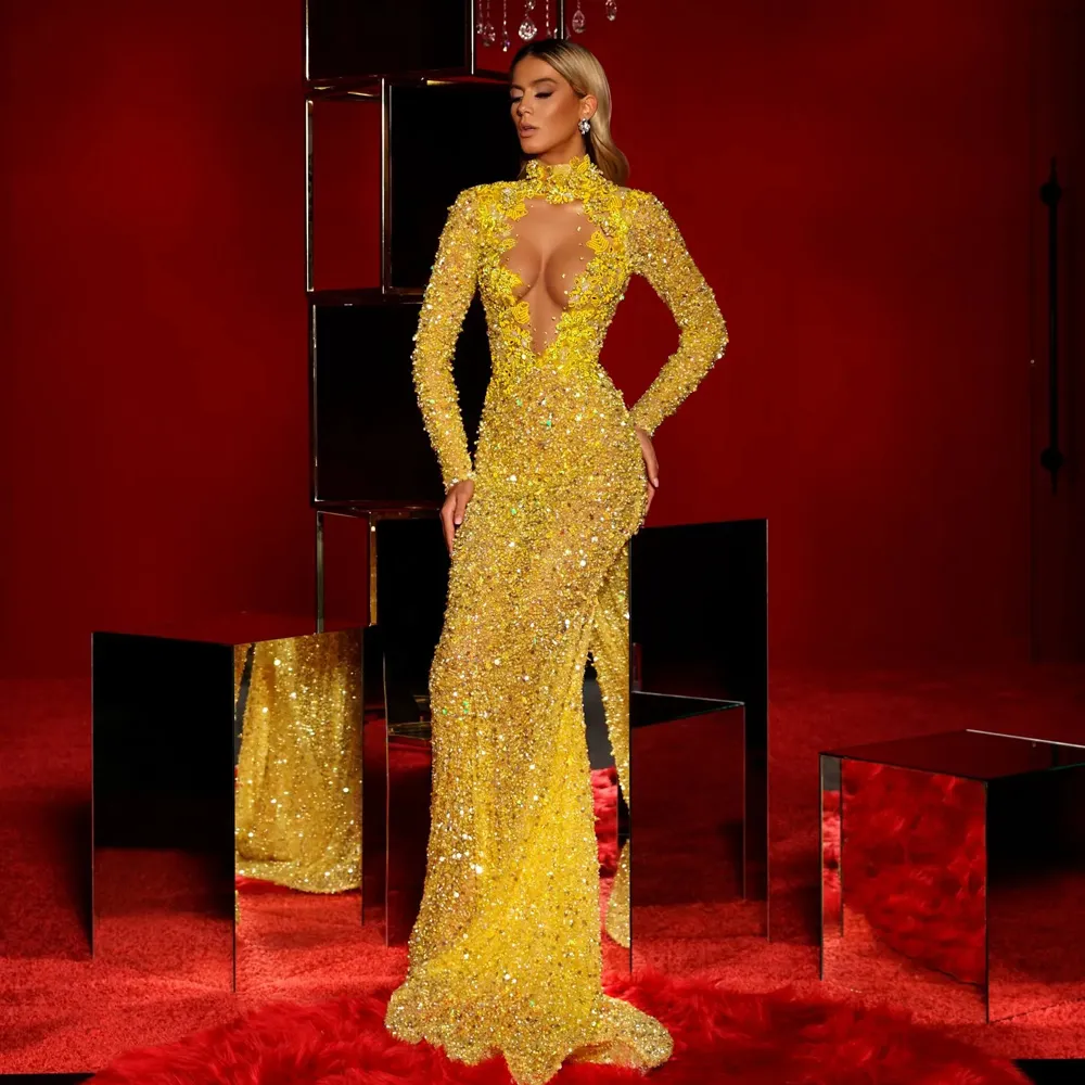 Elegant Beaded Evening Gown - Long Sleeves, Sequined Celebrity Dress, Sheer  High Neck, Formal Abendkleider Vestidos from Dhgate Evening Dresses - price  341.56