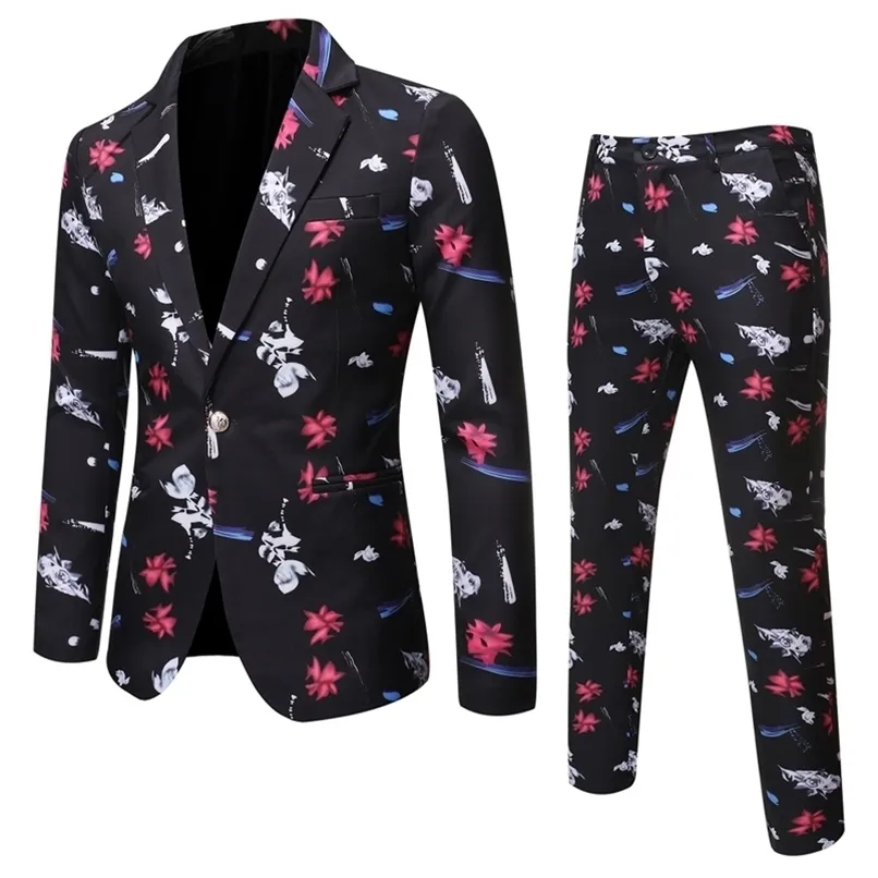 Herenpakken blazers mode mannen print set winterbroek 2 stuks jas voor bruiloft en feestjurk 2 kleuren 220826