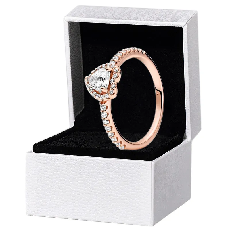 Bague coeur surélevé en pierre blanche bleue verte boîte originale en or rose pour Pandora 925 argent femmes mariage CZ diamant amour chauffe anneaux