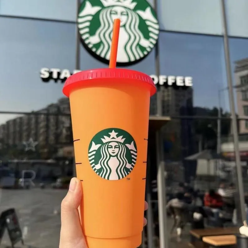 Starbucks Color Changing Cup Water Bottles with Lid and Straw Plastic Cup Reusable Party Drinking 710ml