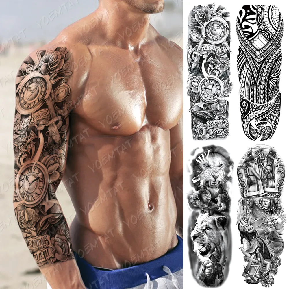 Tatuagem de manga de braço grande, relógio, rosa, dragão, adesivo de tatuagem temporário, à prova d'água, leão de pôquer, arte corporal completa, tatuagem falsa, mulheres, homens