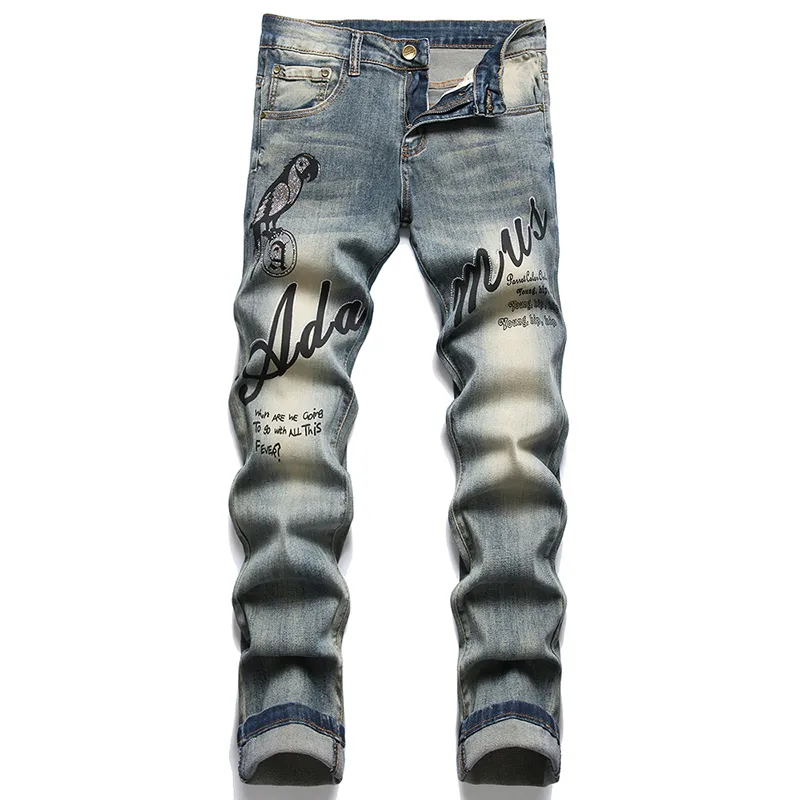 2022 Retro Blue Men's Printed Bead Jeans Casual Slim Cotton Trousers Mid midja Stretch Denim Pants Spring Autumn Pantalones