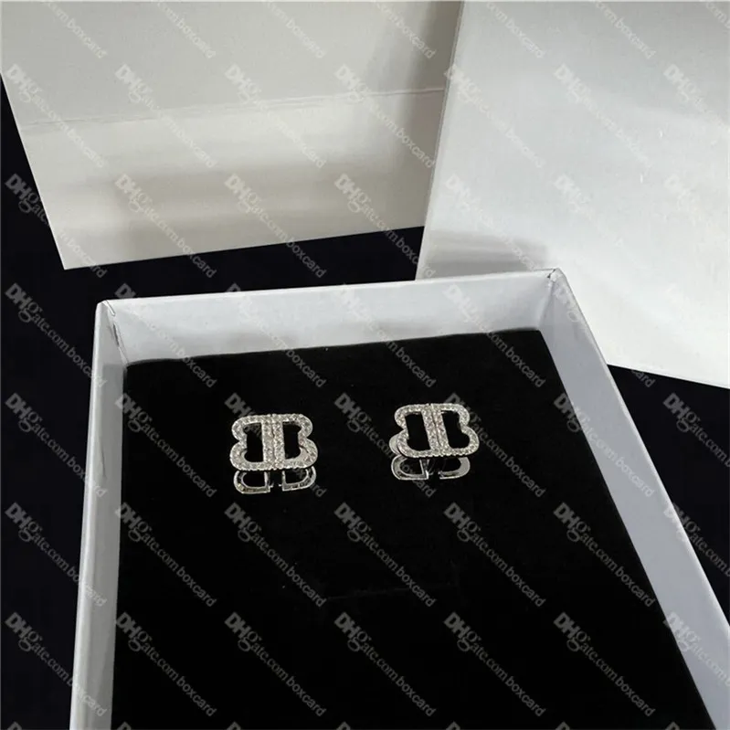 Double Letters 3D Charm Earrings Women Diamond Two Sided Studs Rhinestone Silver Eardrops With Gift Box