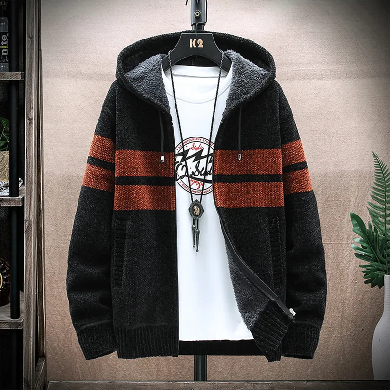 Jackets masculinos Autumn Corean Hooded Men Sweaters grossos com veludo Cardigan malha de malha