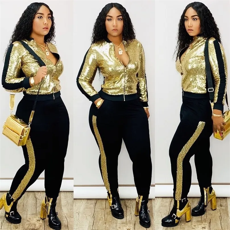 Kvinnors tvåbitar byxor Autumn Winter Sequin 2 Piece Set Women Tracksuit långärmad jacka Top Pants Fit Streetwear Sparkly Matching Set Club Outfits 220819 220826