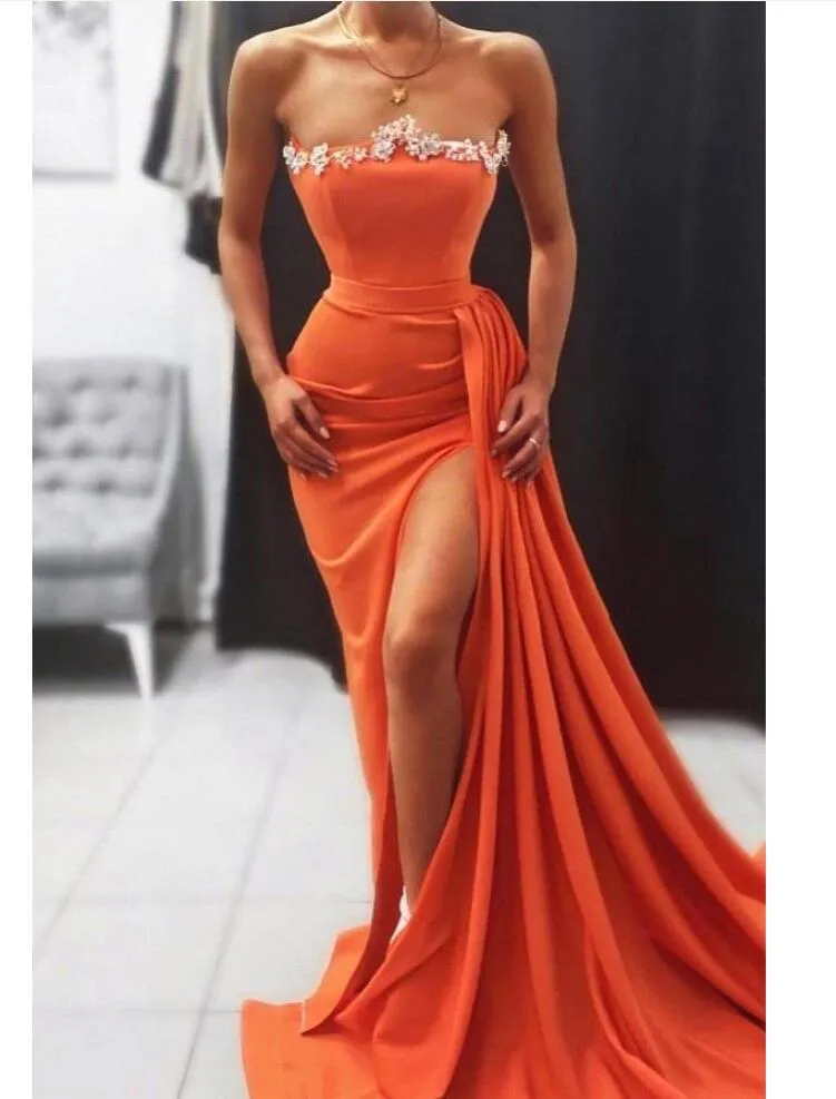 Plus Größe arabisch orange mermaid prom Kleider trägerloser Seiten geteiltes Kristall Perlen Abend tragen formelle Party -Geburtstagskleider Kleid 403