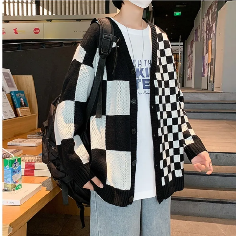 Herrenjacken Stitching Plaid Cardigan Pullover Herrenmarke Retro Lose Strickpullover Jacke Frühling und Herbst Harajuku Herrenbekleidung LLL220826