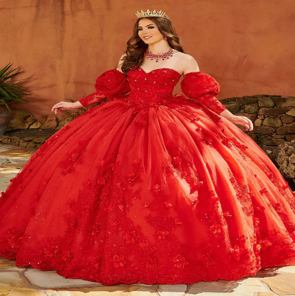 الفساتين الفاخرة اللافندر Quinceanera مع الأزهار 2022 Sweetheats Puff Sleeves Ball Prom Dress Fress Fluffy Red Sweet 15 Year XV Vestidos de 15 Anos Robe Bal Virose