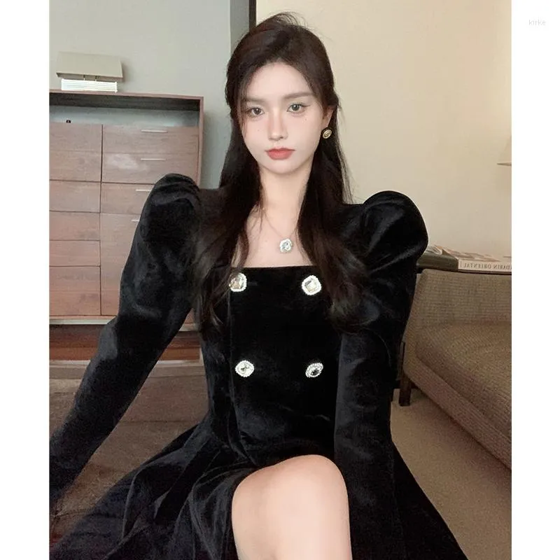 Casual Dresses Neck Black Dress Female Autumn Winter Hepburn Velvet A-line Bubble Sleeve Waist Closing Long SmallCasual