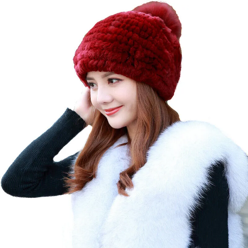 Zimowe futra kapelusze prawdziwe Rex Czapka królicza czapka ciepła super miękkie wysokie elastyczne wino czerwone