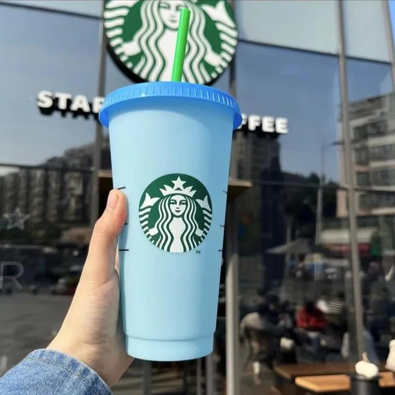 Starbucks färgbyte kopp vattenflaskor med lock och halmplast kopp återanvändbar fest dricka 710 ml