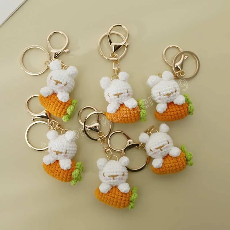 Creative Cute Cotton Wool Rabbit Carrot Keychain Cartoon Hand-crocheted Key Ring Women Girl Lovely Bag Car Pendant Gifts