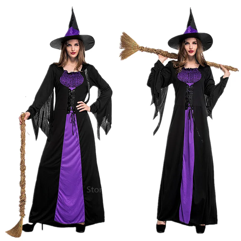 Speciale gelegenheden Halloween Witch -kostuums voor vrouwen Volwassen enge paarse carnaval Party Performance drama maskerade kleding met hoed 220826